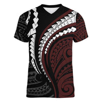 Polynesian Oxblood Line Art Tribal Tattoo Women V-Neck T-Shirt