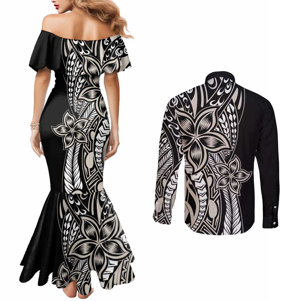 Polynesian Plumeria Floral Tattoo Pattern Couples Matching Mermaid Dress and Long Sleeve Button Shirt Beige Style