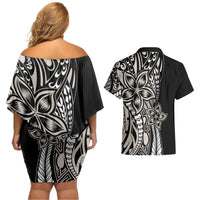 Polynesian Plumeria Floral Tattoo Pattern Couples Matching Off Shoulder Short Dress and Hawaiian Shirt Beige Style