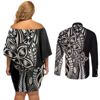 Polynesian Plumeria Floral Tattoo Pattern Couples Matching Off Shoulder Short Dress and Long Sleeve Button Shirt Beige Style