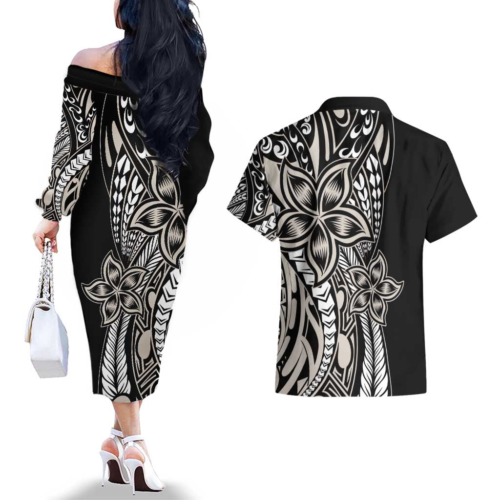 Polynesian Plumeria Floral Tattoo Pattern Couples Matching Off The Shoulder Long Sleeve Dress and Hawaiian Shirt Beige Style