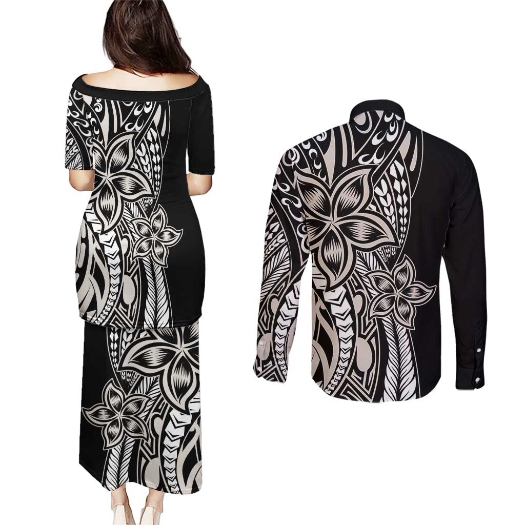 Polynesian Plumeria Floral Tattoo Pattern Couples Matching Puletasi and Long Sleeve Button Shirt Beige Style