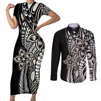 Polynesian Plumeria Floral Tattoo Pattern Couples Matching Short Sleeve Bodycon Dress and Long Sleeve Button Shirt Beige Style