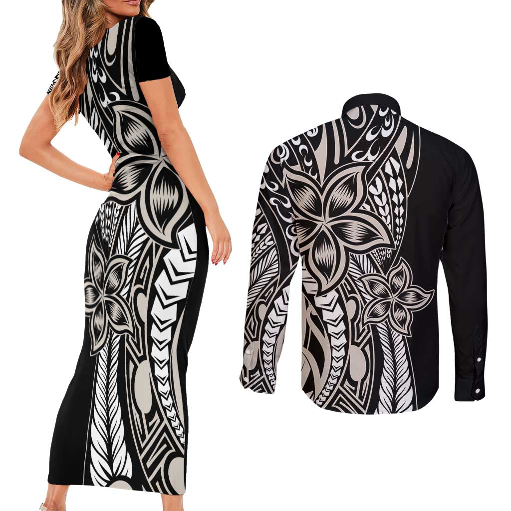 Polynesian Plumeria Floral Tattoo Pattern Couples Matching Short Sleeve Bodycon Dress and Long Sleeve Button Shirt Beige Style