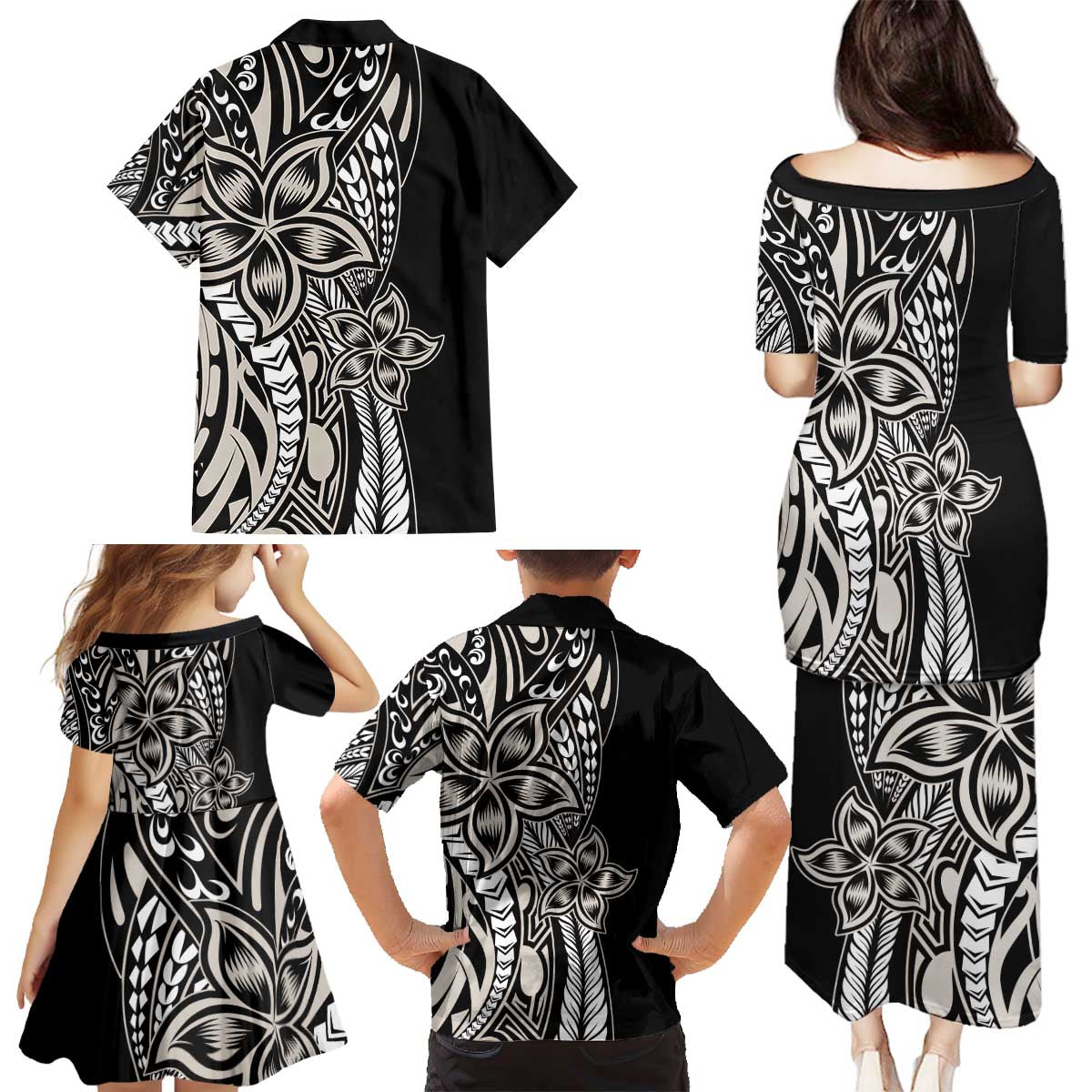 Polynesian Plumeria Floral Tattoo Pattern Family Matching Puletasi and Hawaiian Shirt Beige Style