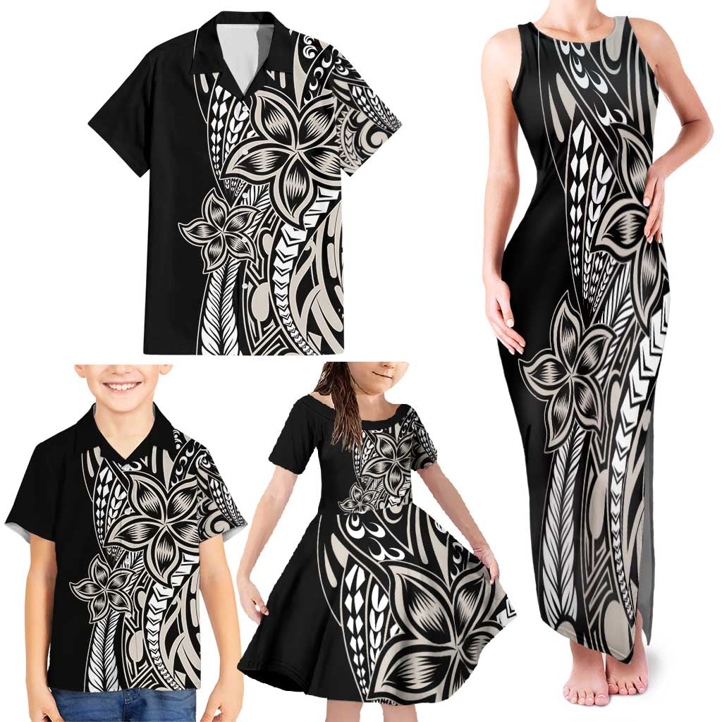 Polynesian Plumeria Floral Tattoo Pattern Family Matching Tank Maxi Dress and Hawaiian Shirt Beige Style