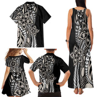 Polynesian Plumeria Floral Tattoo Pattern Family Matching Tank Maxi Dress and Hawaiian Shirt Beige Style