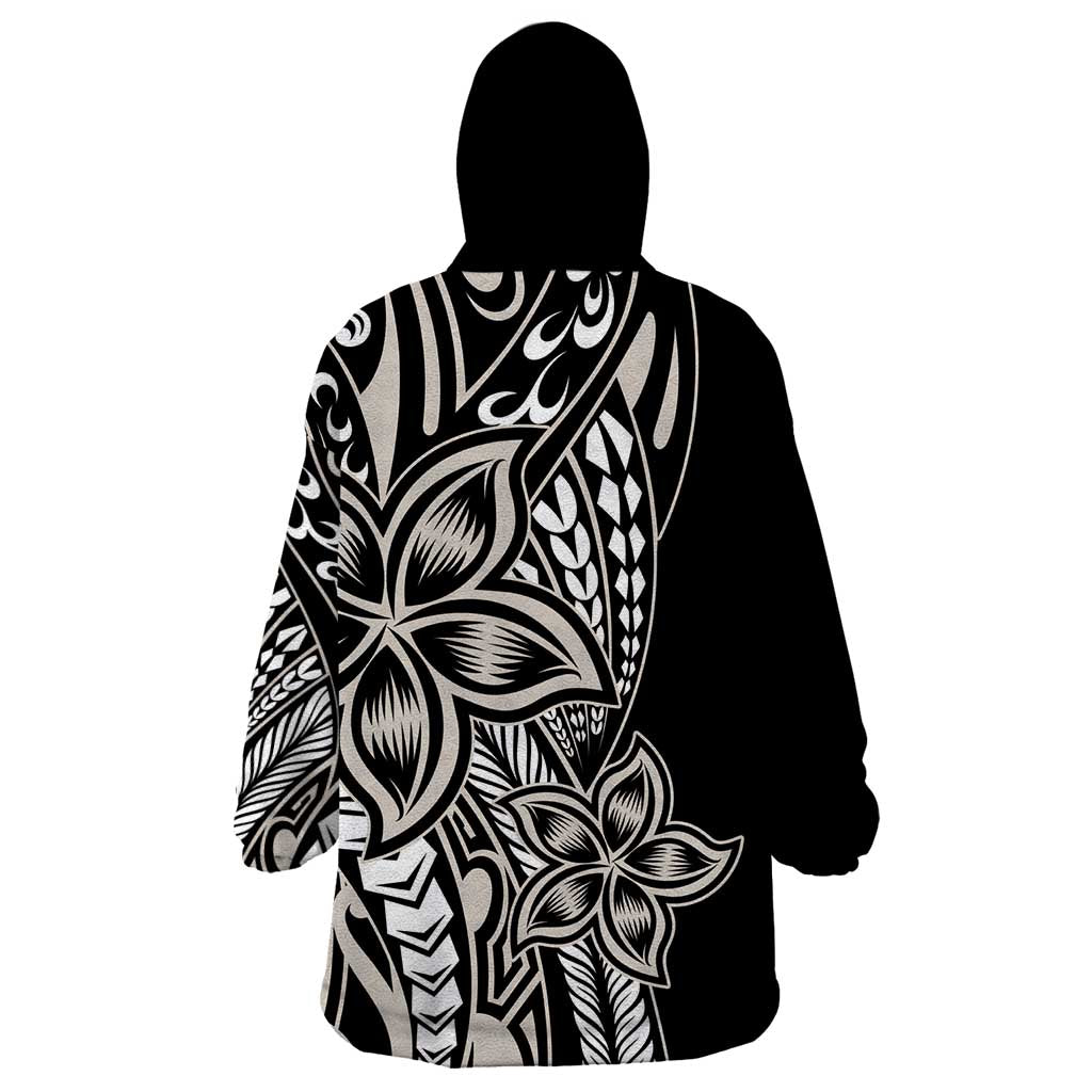 Polynesian Plumeria Floral Tattoo Pattern Wearable Blanket Hoodie Beige Style