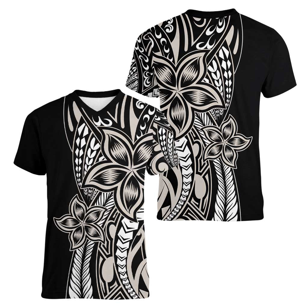 Polynesian Plumeria Floral Tattoo Pattern Women V-Neck T-Shirt Beige Style