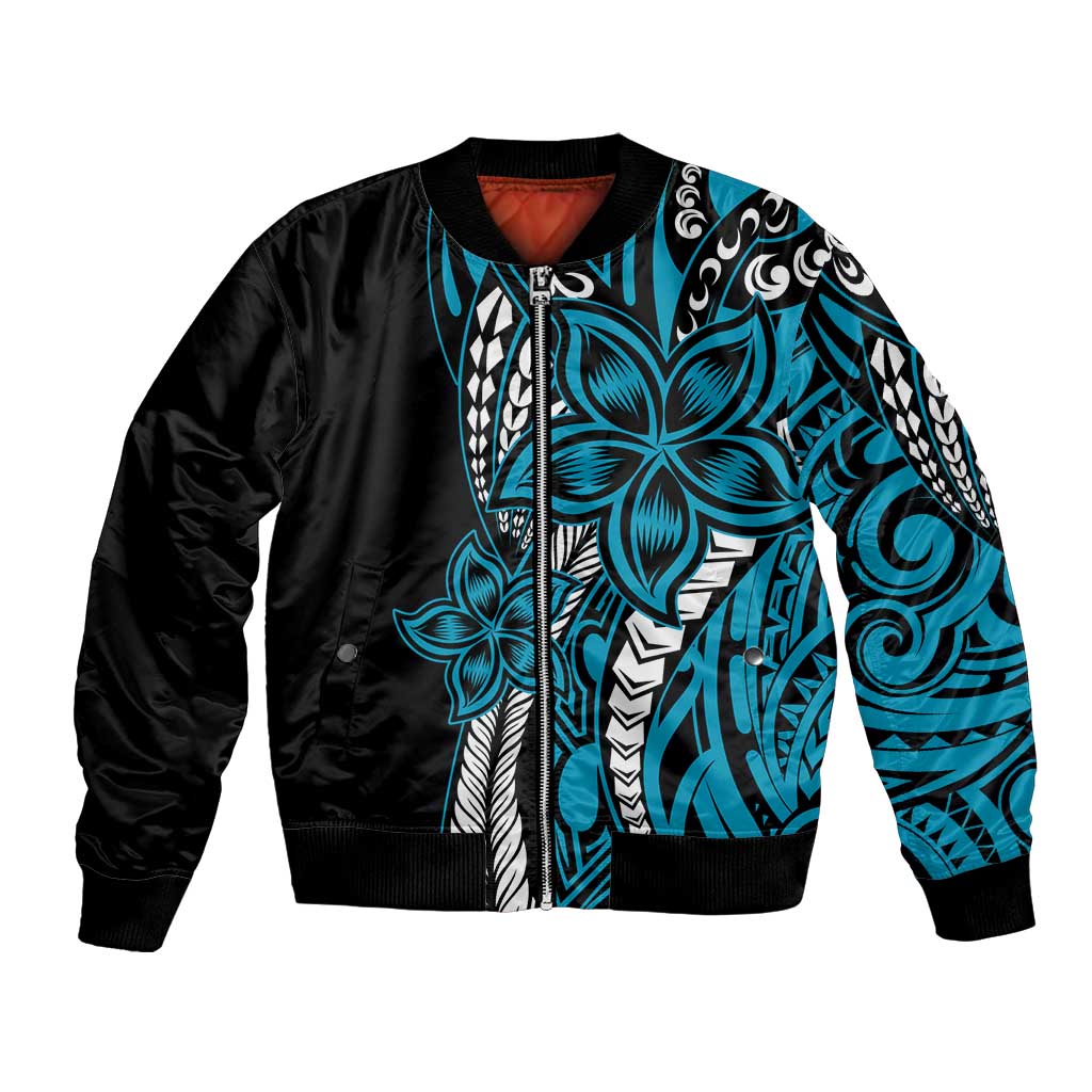 Polynesian Plumeria Floral Tattoo Pattern Bomber Jacket Blue Style LT9 Unisex Blue - Polynesian Pride