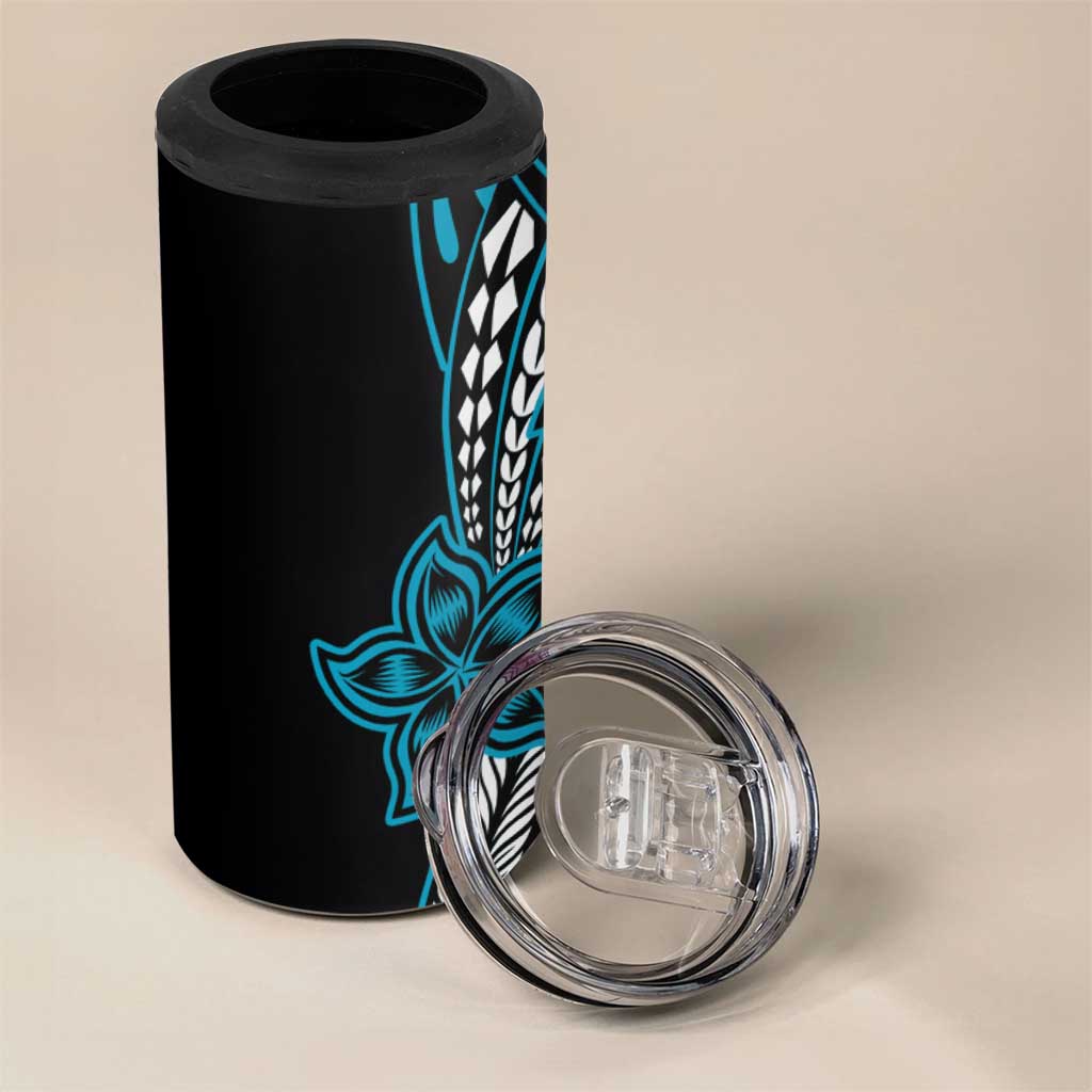 Polynesian Plumeria Floral Tattoo Pattern 4 in 1 Can Cooler Tumbler Bllue Style