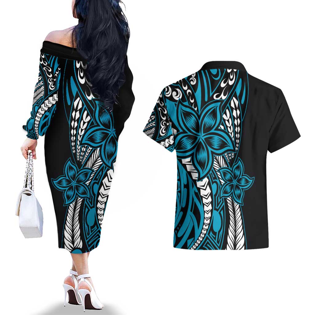 Polynesian Plumeria Floral Tattoo Pattern Couples Matching Off The Shoulder Long Sleeve Dress and Hawaiian Shirt Bllue Style
