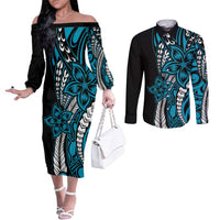 Polynesian Plumeria Floral Tattoo Pattern Couples Matching Off The Shoulder Long Sleeve Dress and Long Sleeve Button Shirt Bllue Style