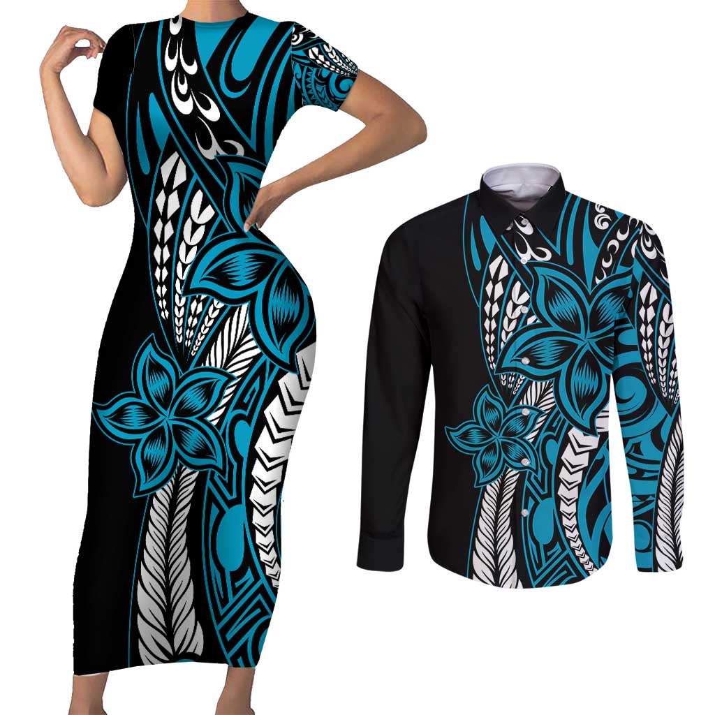 Polynesian Plumeria Floral Tattoo Pattern Couples Matching Short Sleeve Bodycon Dress and Long Sleeve Button Shirt Bllue Style