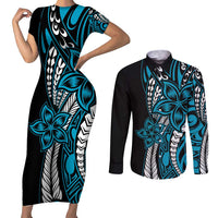 Polynesian Plumeria Floral Tattoo Pattern Couples Matching Short Sleeve Bodycon Dress and Long Sleeve Button Shirt Bllue Style