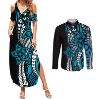 Polynesian Plumeria Floral Tattoo Pattern Couples Matching Summer Maxi Dress and Long Sleeve Button Shirt Bllue Style