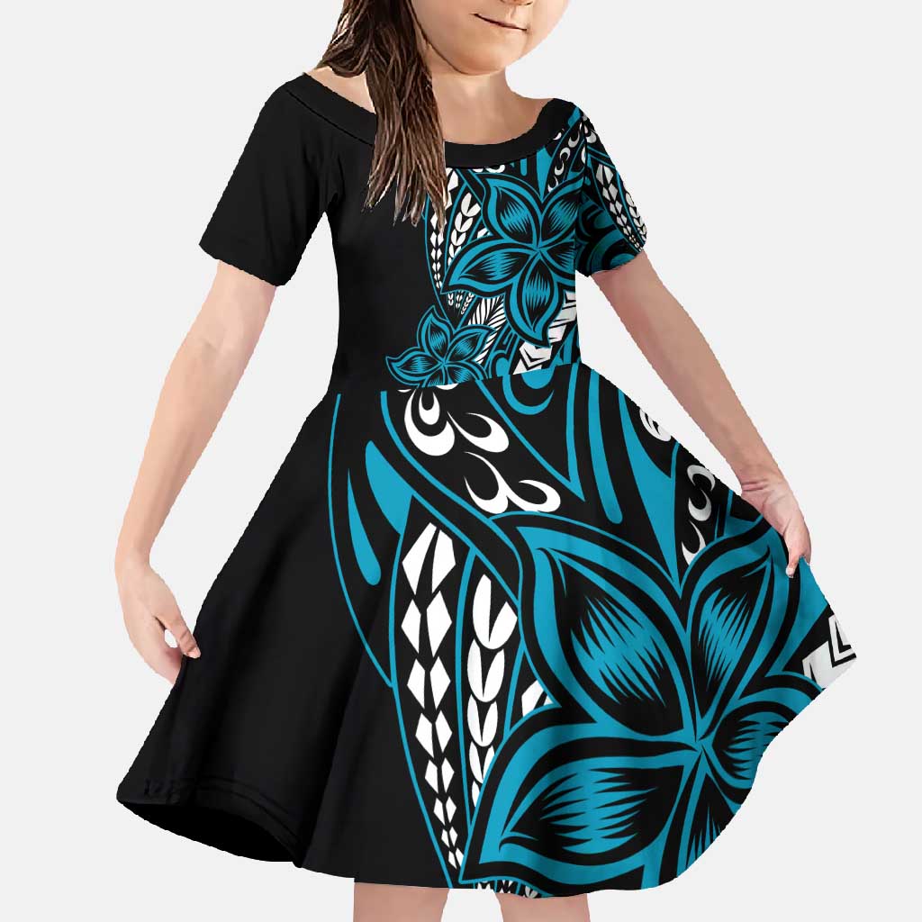 Polynesian Plumeria Floral Tattoo Pattern Family Matching Mermaid Dress and Hawaiian Shirt Blue Style LT9 Daughter's Dress Blue - Polynesian Pride