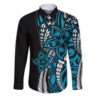 Polynesian Plumeria Floral Tattoo Pattern Family Matching Off Shoulder Maxi Dress and Hawaiian Shirt Bllue Style