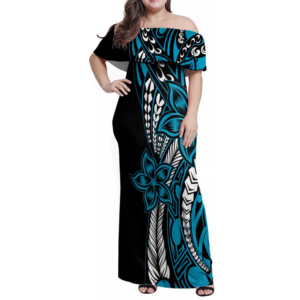 Polynesian Plumeria Floral Tattoo Pattern Family Matching Off Shoulder Maxi Dress and Hawaiian Shirt Bllue Style