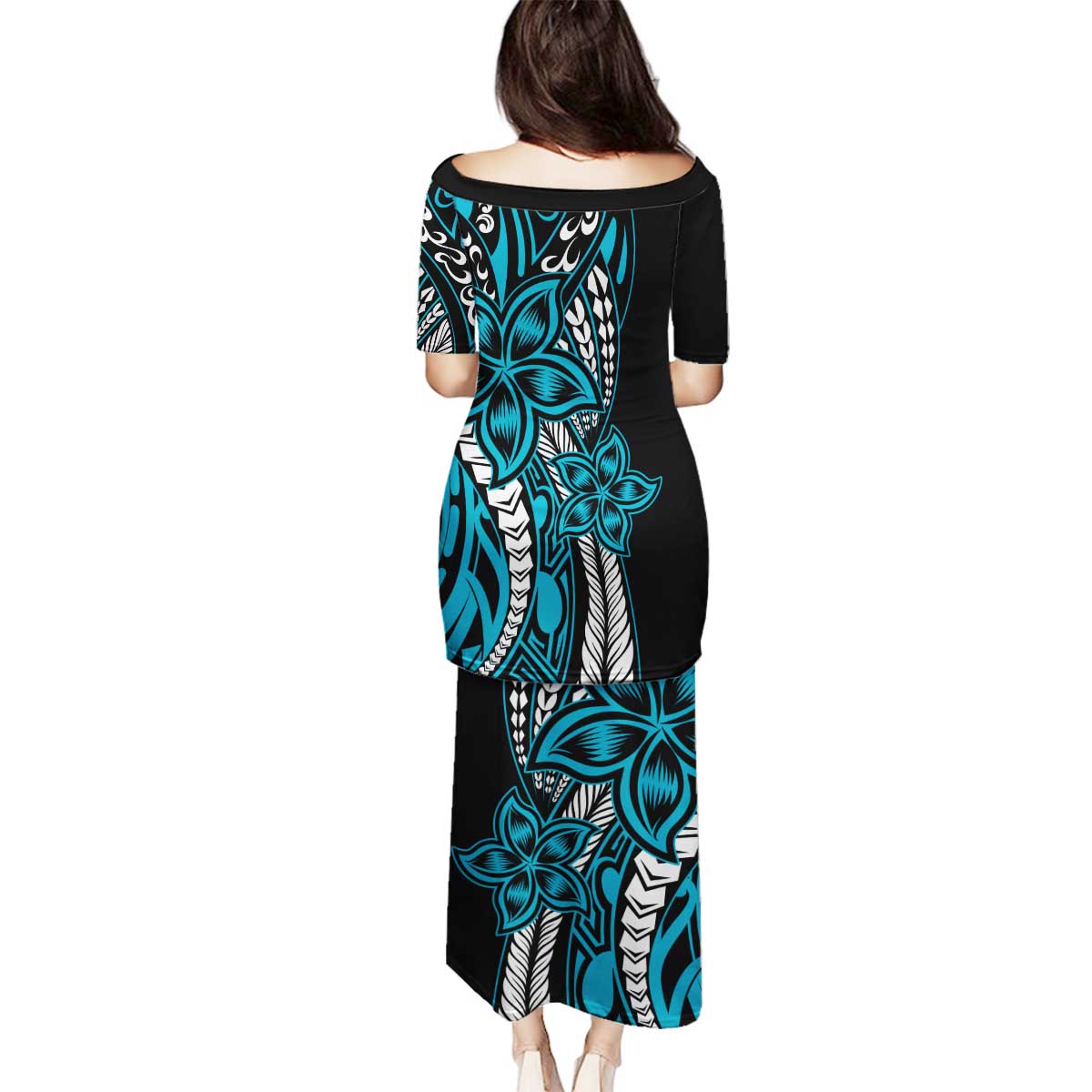 Polynesian Plumeria Floral Tattoo Pattern Family Matching Puletasi and Hawaiian Shirt Bllue Style