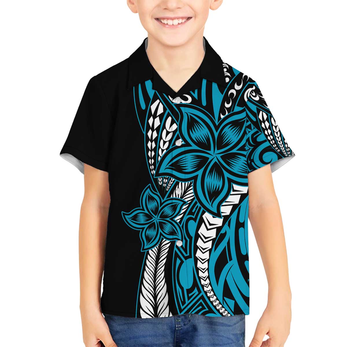 Polynesian Plumeria Floral Tattoo Pattern Family Matching Puletasi and Hawaiian Shirt Bllue Style