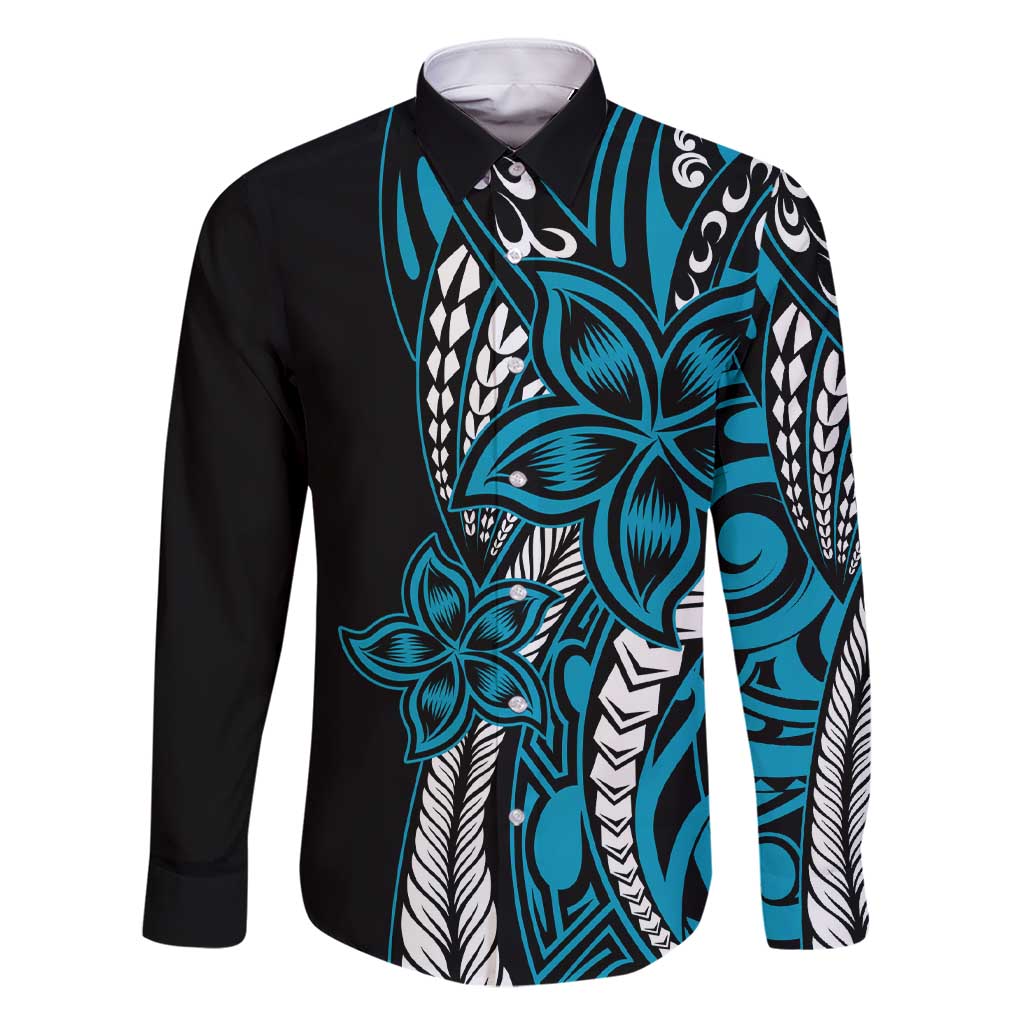 Polynesian Plumeria Floral Tattoo Pattern Family Matching Short Sleeve Bodycon Dress and Hawaiian Shirt Blue Style LT9 Dad's Shirt - Long Sleeve Blue - Polynesian Pride