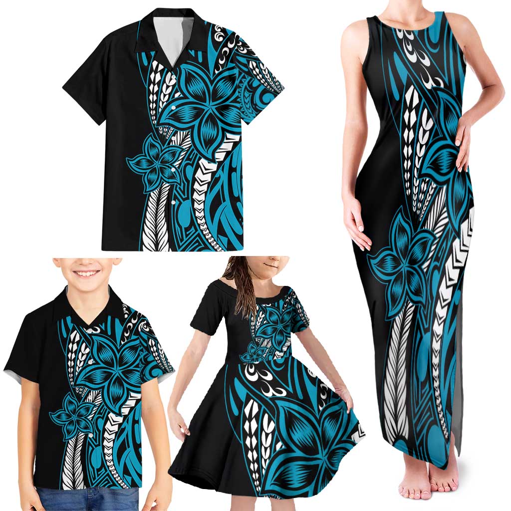 Polynesian Plumeria Floral Tattoo Pattern Family Matching Tank Maxi Dress and Hawaiian Shirt Bllue Style