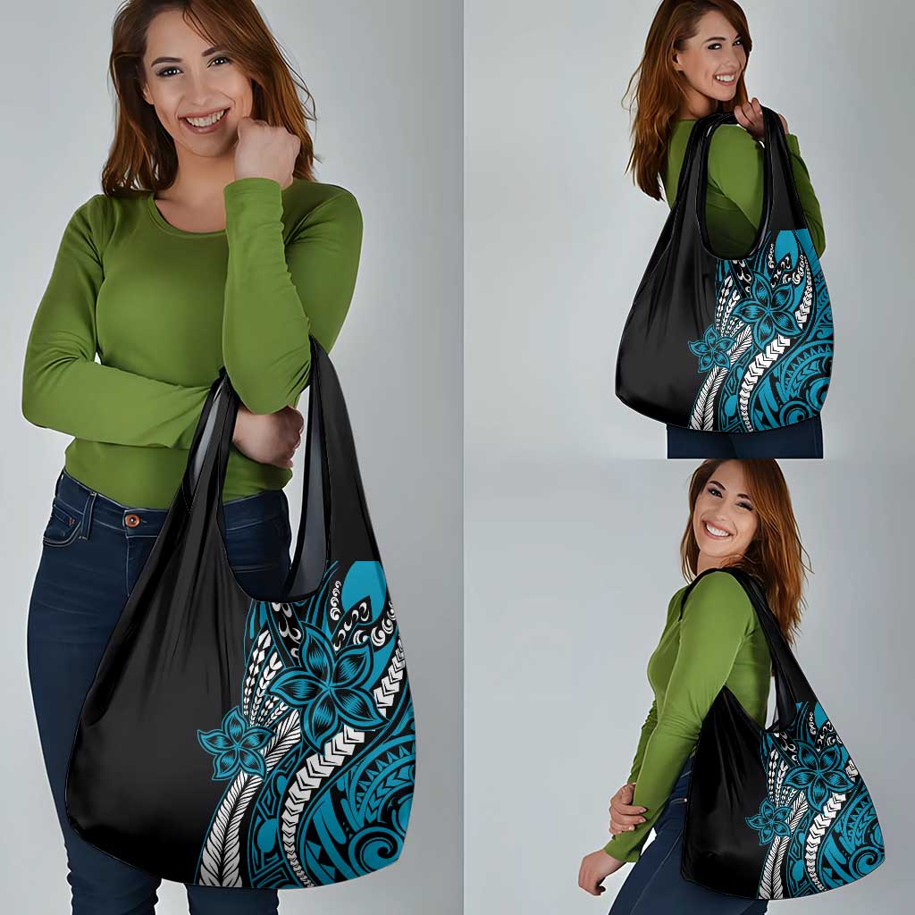 Polynesian Plumeria Floral Tattoo Pattern Grocery Bag Blue Style