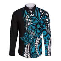Polynesian Plumeria Floral Tattoo Pattern Long Sleeve Button Shirt Blue Style LT9 Unisex Blue - Polynesian Pride