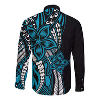 Polynesian Plumeria Floral Tattoo Pattern Long Sleeve Button Shirt Blue Style LT9 - Polynesian Pride