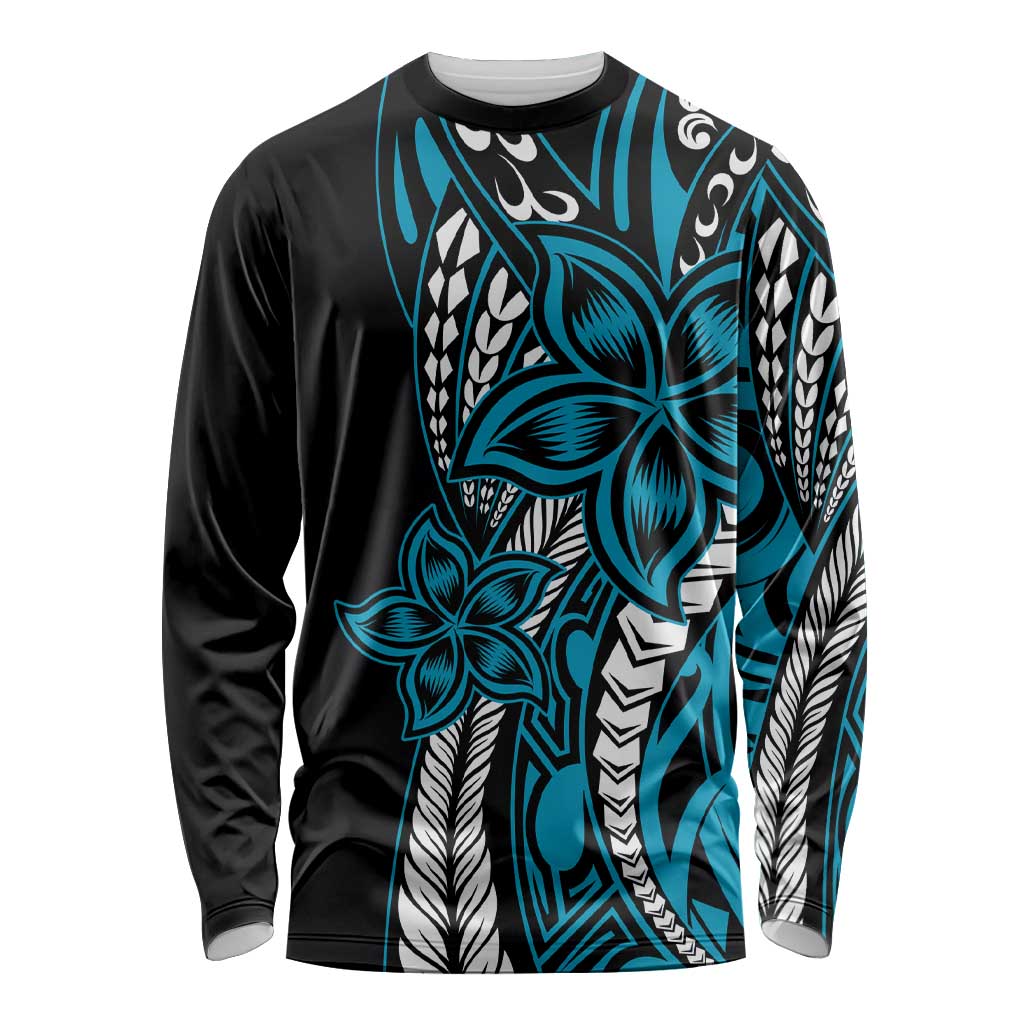 Polynesian Plumeria Floral Tattoo Pattern Long Sleeve Shirt Blue Style LT9 Unisex Blue - Polynesian Pride