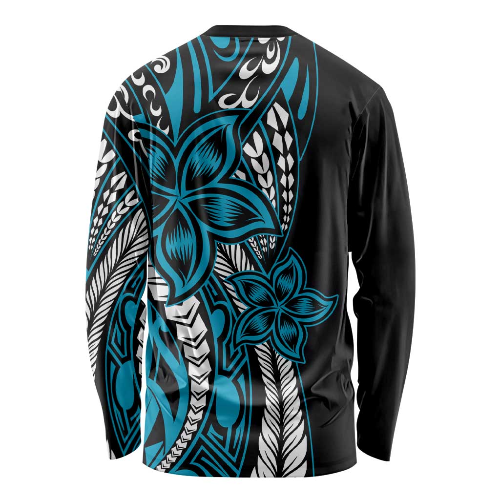 Polynesian Plumeria Floral Tattoo Pattern Long Sleeve Shirt Blue Style LT9 - Polynesian Pride