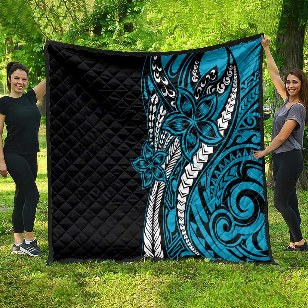 Polynesian Plumeria Floral Tattoo Pattern Quilt Blue Style