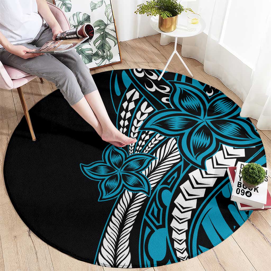 Polynesian Plumeria Floral Tattoo Pattern Round Carpet Blue Style LT9 - Polynesian Pride