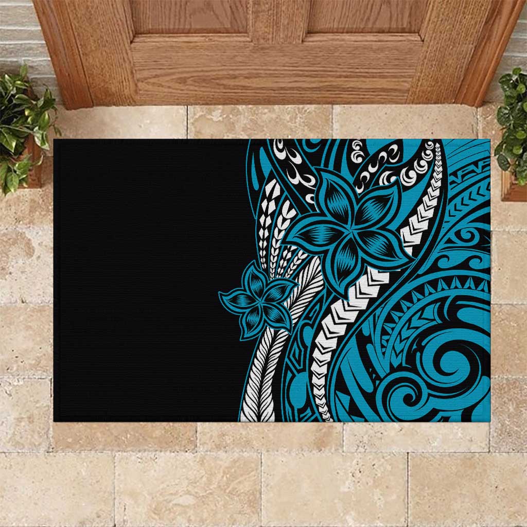 Polynesian Plumeria Floral Tattoo Pattern Rubber Doormat Blue Style