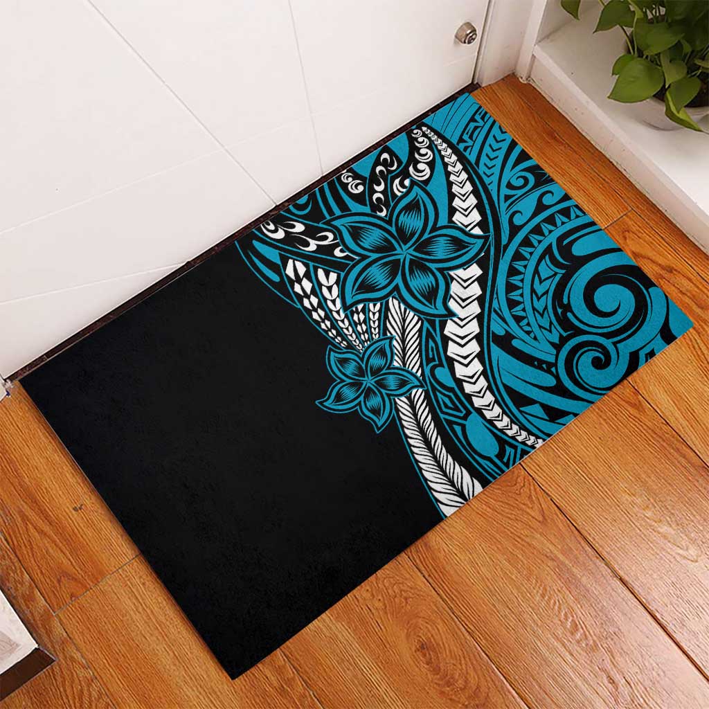 Polynesian Plumeria Floral Tattoo Pattern Rubber Doormat Blue Style