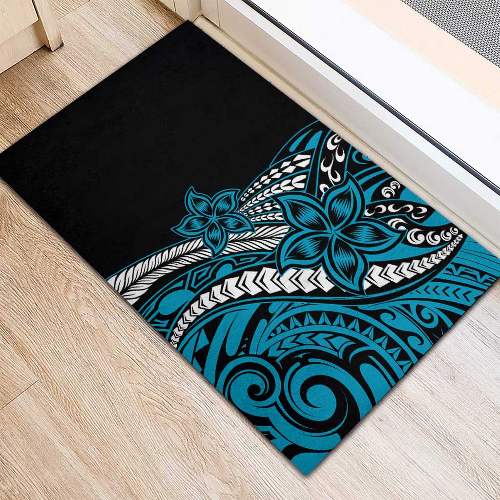 Polynesian Plumeria Floral Tattoo Pattern Rubber Doormat Blue Style