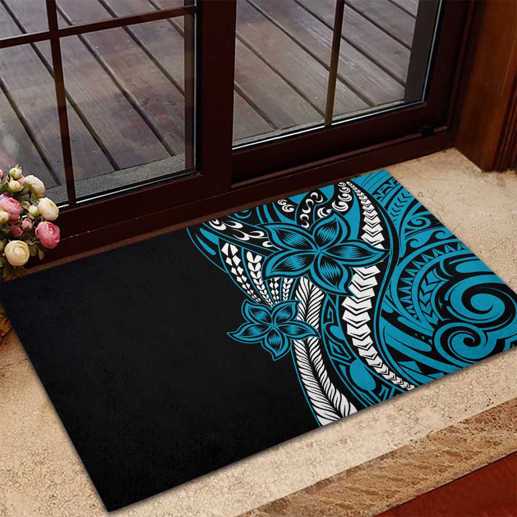 Polynesian Plumeria Floral Tattoo Pattern Rubber Doormat Blue Style