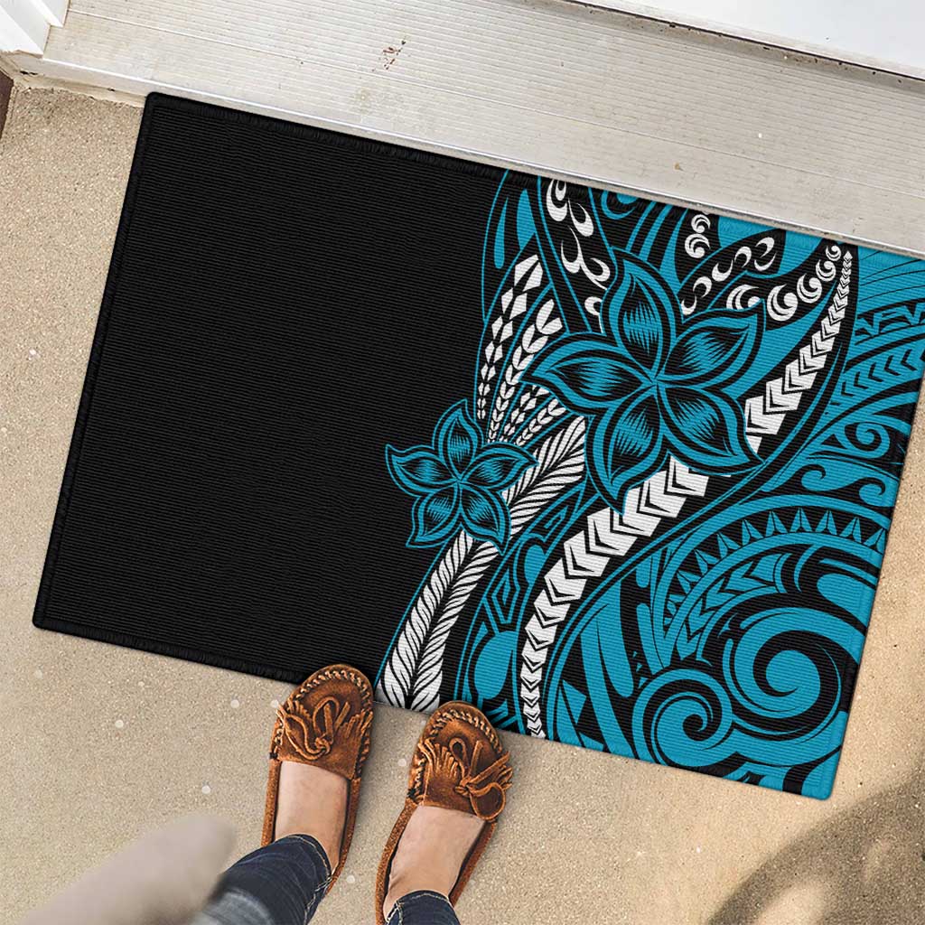 Polynesian Plumeria Floral Tattoo Pattern Rubber Doormat Blue Style