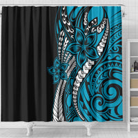 Polynesian Plumeria Floral Tattoo Pattern Shower Curtain Blue Style
