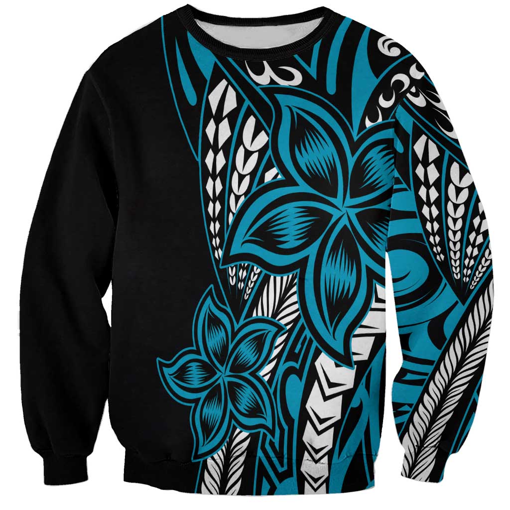 Polynesian Plumeria Floral Tattoo Pattern Sweatshirt Bllue Style