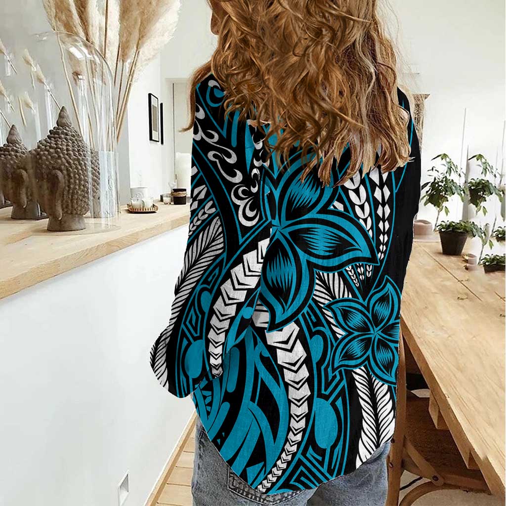 Polynesian Plumeria Floral Tattoo Pattern Women Casual Shirt Bllue Style
