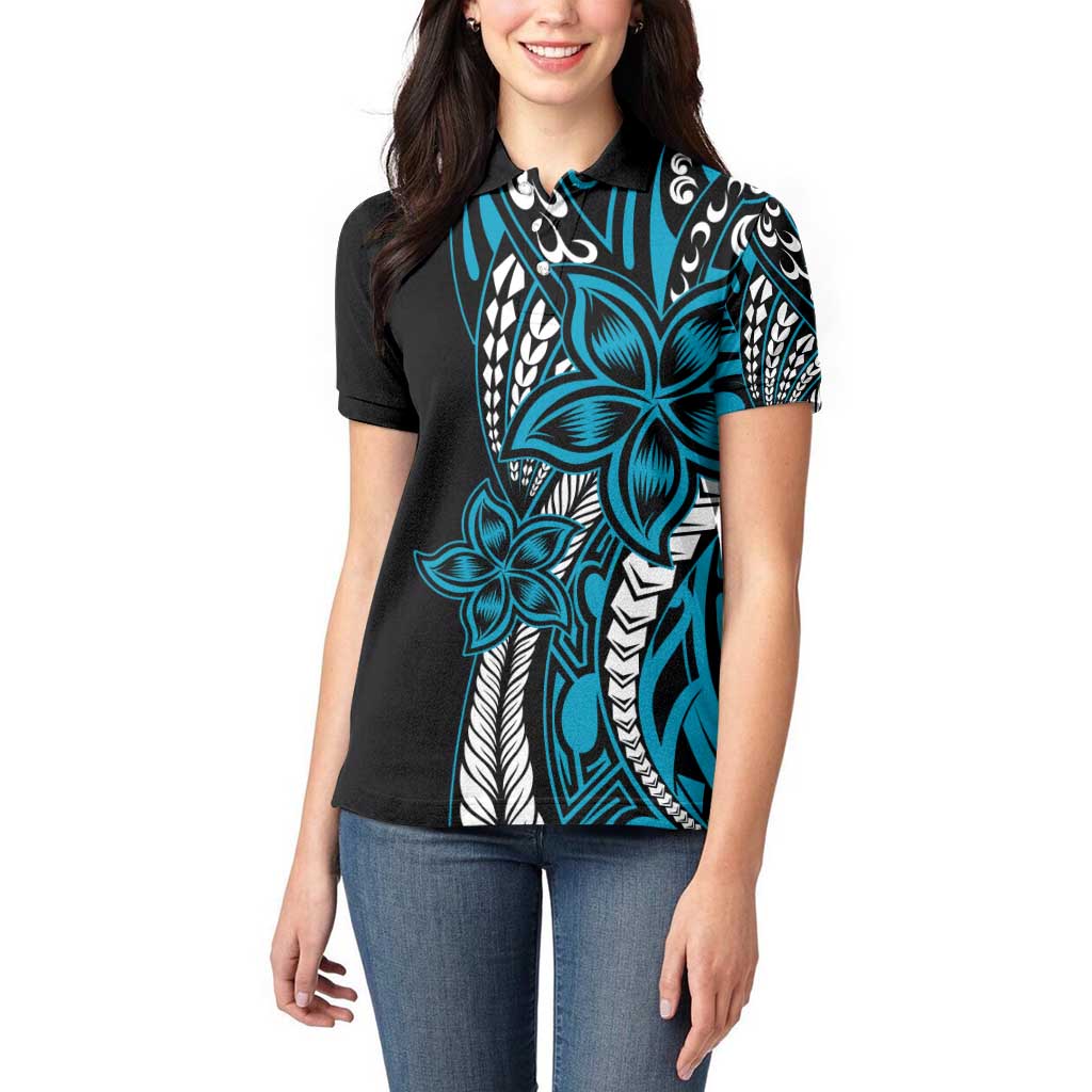Polynesian Plumeria Floral Tattoo Pattern Women Polo Shirt Bllue Style