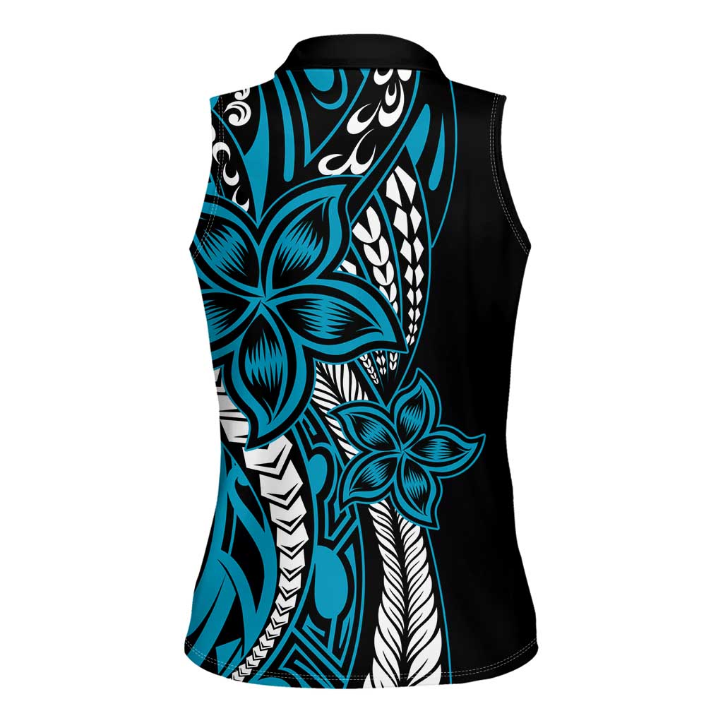 Polynesian Plumeria Floral Tattoo Pattern Women Sleeveless Polo Shirt Bllue Style