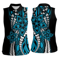 Polynesian Plumeria Floral Tattoo Pattern Women Sleeveless Polo Shirt Bllue Style