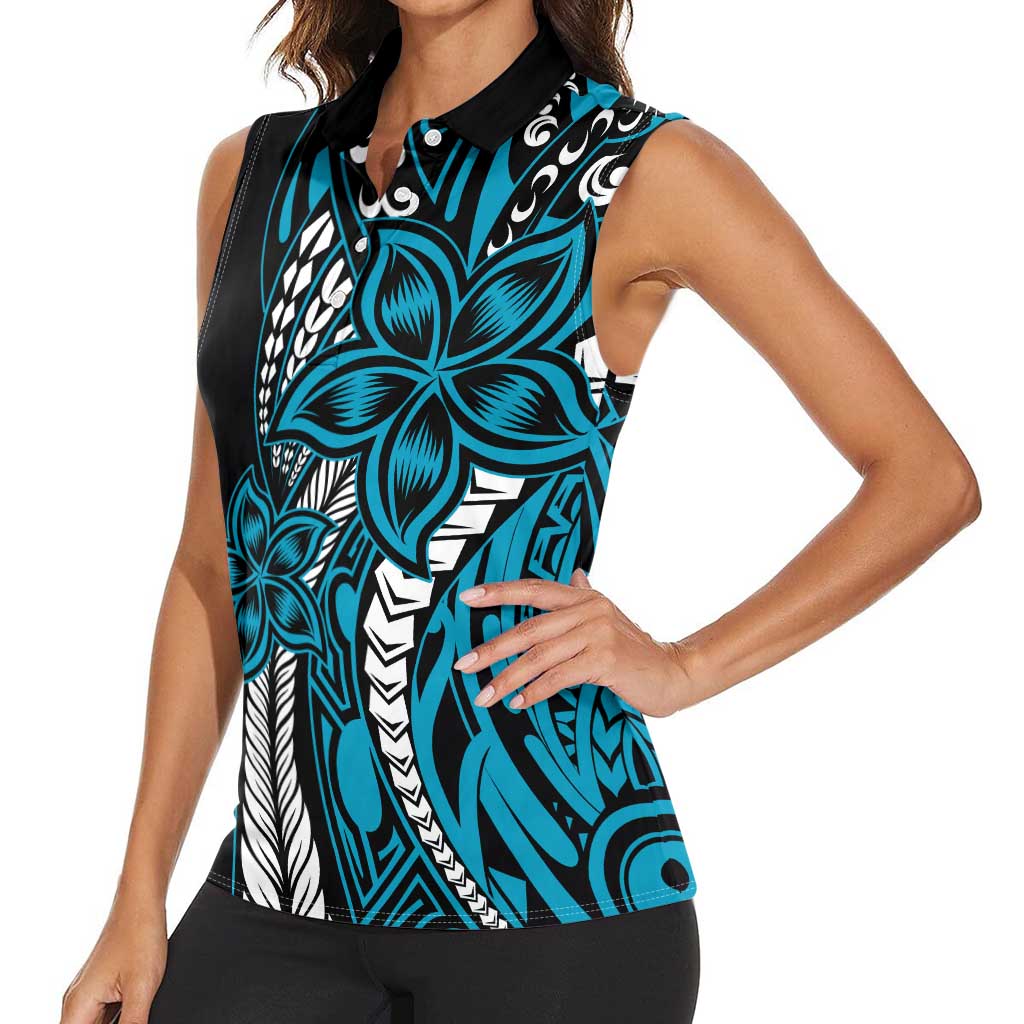 Polynesian Plumeria Floral Tattoo Pattern Women Sleeveless Polo Shirt Bllue Style