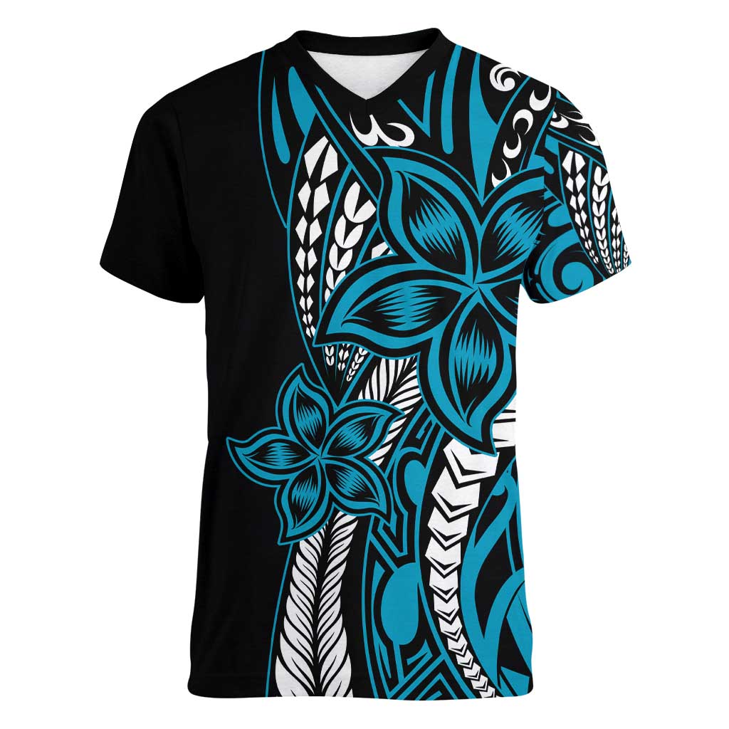 Polynesian Plumeria Floral Tattoo Pattern Women V-Neck T-Shirt Blue Style LT9 Female Blue - Polynesian Pride