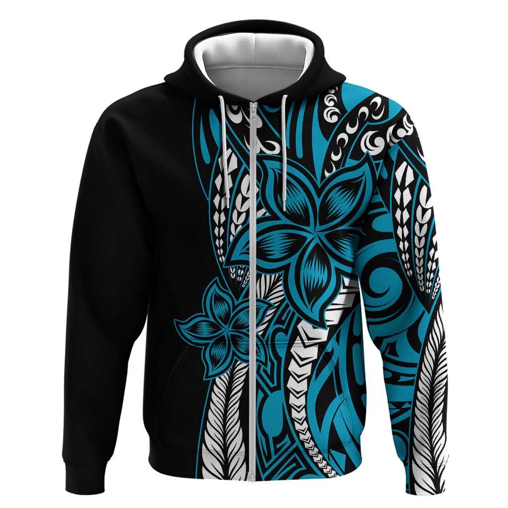 Polynesian Plumeria Floral Tattoo Pattern Zip Hoodie Blue Style LT9 Zip Hoodie Blue - Polynesian Pride