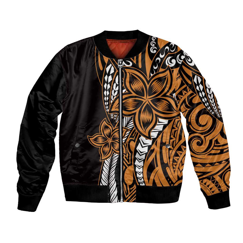 Polynesian Plumeria Floral Tattoo Pattern Bomber Jacket Gold Style LT9 Unisex Gold - Polynesian Pride