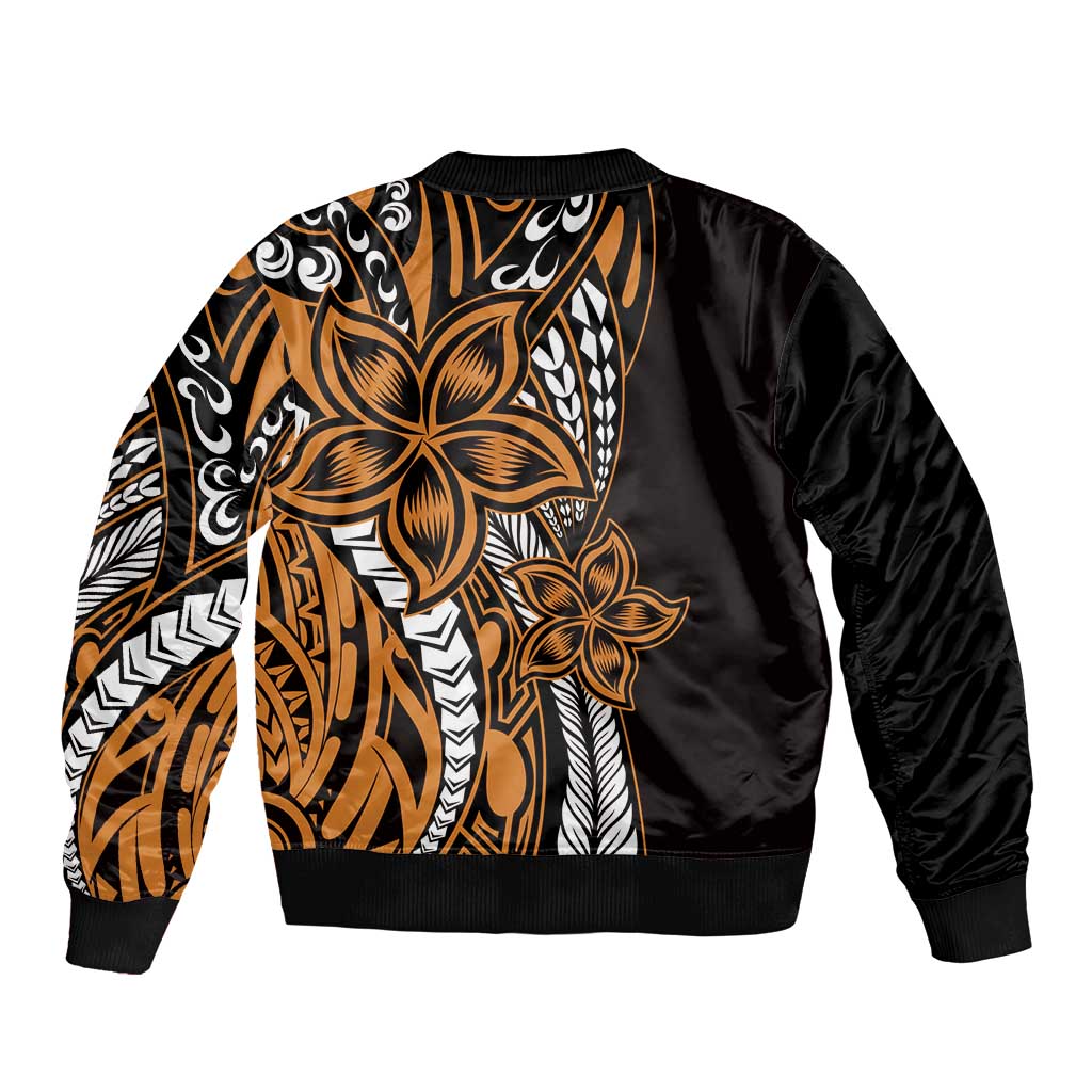 Polynesian Plumeria Floral Tattoo Pattern Bomber Jacket Gold Style